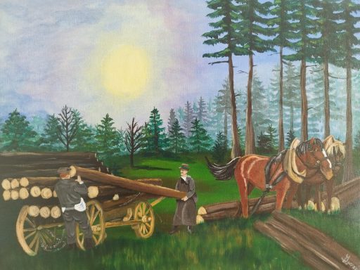 Zwei Männer laden Holzstämme auf einen Pferdewagen