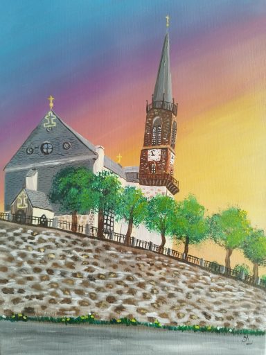 Die Altenberger Kirche vor der Zerstörung 1945 im Sonnenuntergang